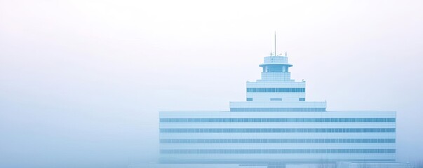 Poster - Acid rain climate change idea. A modern architectural structure shrouded in mist, showcasing minimalist design.