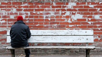 Poster - Man in Red Beanie Sitting Quietly on a Weathered White Bench Against a Brick Wall : Generative AI