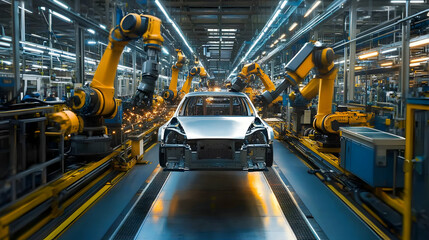 Poster - Robotic arms assembling a car in a modern automotive factory setting