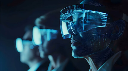 Poster - Three individuals wearing futuristic VR headsets, immersed in digital technology