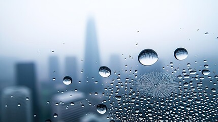 Poster - Acid rain climate change concept. Raindrops on a window with a blurred city skyline in the background, creating a serene atmosphere.