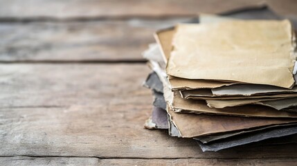 Poster - Stack of old paper sheets neatly arranged on a wooden surface conveying a vintage aesthetic : Generative AI