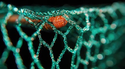 Orange insect trapped in green net, dark background, macro shot, nature study