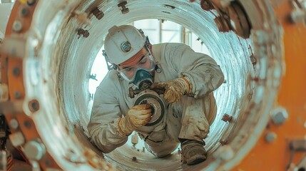 Poster - Boilermaker at Work, skilled tradesperson assembling and maintaining industrial boilers and pressure vessels in a bustling manufacturing environment, focused on precision and safety