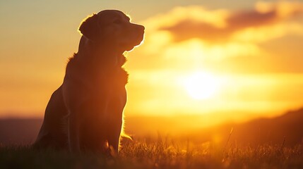 Poster - Golden retriever dog sitting peacefully at sunset with vibrant light in the background : Generative AI