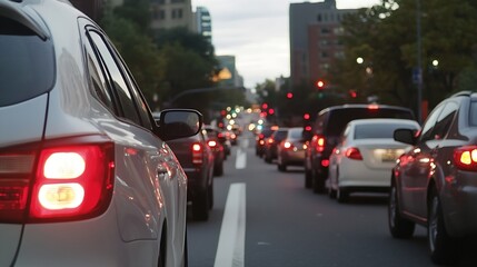 Poster - Bumper to bumper traffic on a busy city street during twilight highlighting urban congestion and commuting challenges : Generative AI