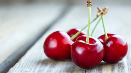Poster - Ripe cherries arranged on a rustic wooden table creating a vibrant still life : Generative AI