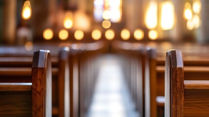 Aufkleber - Warm and inviting interior of a church with wooden pews and soft golden light streaming through : Generative AI