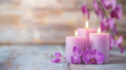 Aufkleber - Serene ambiance with pink candles and vibrant orchids creating a calming atmosphere : Generative AI