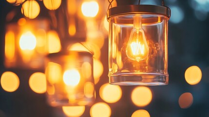 Aufkleber - Beautiful pendant lights glowing softly in a dark setting creating warm atmosphere for cozy evenings : Generative AI