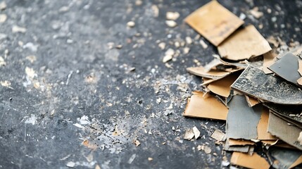 Poster - Scattered peeling paint chips on a distressed surface revealing layers beneath : Generative AI