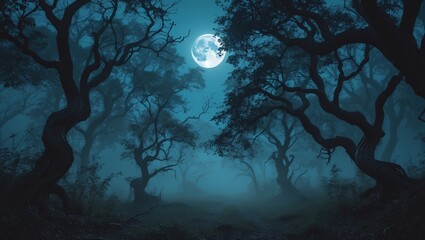 Poster - Mysterious moonlit forest shrouded in mist at night