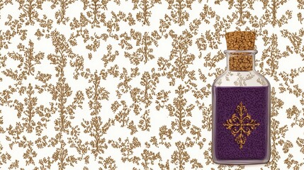 Poster - Purple Potion in Glass Bottle Against White Floral Pattern Background