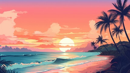 Wall Mural - Beach with Risograph style landscape outdoors sunset.