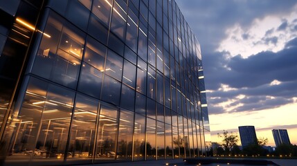 Poster - Modern office building with glass facade reflecting clouds at sunset in an urban setting : Generative AI