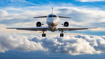 Poster - Business jet aircraft flying gracefully through the clouds against a stunning sky background : Generative AI