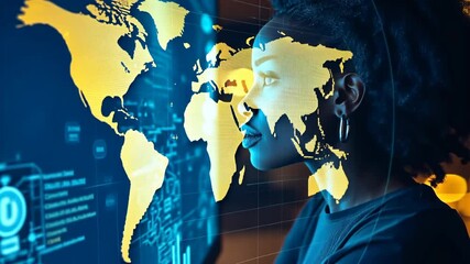 Poster - Woman is looking at a computer screen with a map of Africa on it. The map is filled with various symbols and numbers, and the woman is focused on it