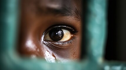 Poster - Close up of a child's eye peering through a barrier reflecting emotions and dreams of freedom : Generative AI