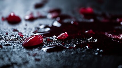 Aufkleber - Glistening red liquid droplets scattered across a textured dark surface creating an intense dramatic scene : Generative AI