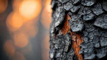 Poster - Acid rain climate change concept. Close-up view of textured tree bark with warm background bokeh effect.