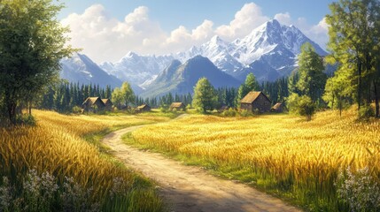 Wall Mural - Sunny rural path winds through wheat field to mountain village. Ideal for nature, scenic travel stock