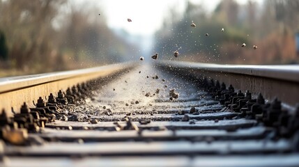 Poster - Dramatic view of train tracks with debris being kicked up in the serene countryside : Generative AI