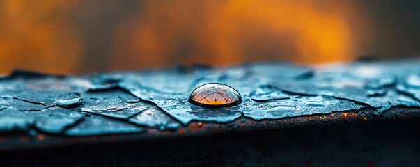 Poster - Acid rain climate change concept. Close-up of a water droplet on rusted metal, capturing nature's beauty and texture.