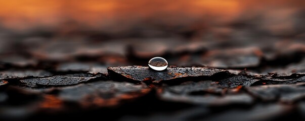 Poster - Acid rain climate change concept. A close-up of a water droplet resting on brown bark, reflecting nature's beauty.