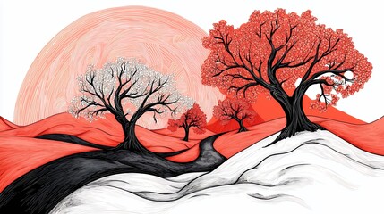 Poster - Red And White Pixel Art Landscape With Winding Road