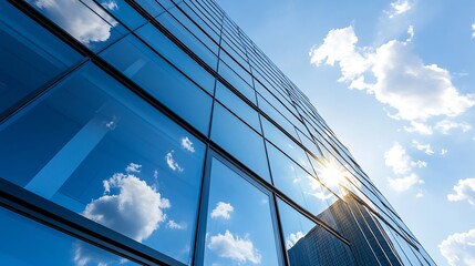 Poster - Modern architectural design showcasing a glass building reflecting clouds and sunlight : Generative AI