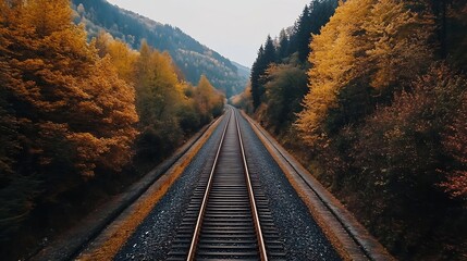 Aufkleber - Autumn landscape with railway tracks surrounded by vibrant foliage in a serene setting : Generative AI