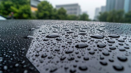 Poster - Acid rain climate change idea. Close-up of raindrops on a car surface reflecting the urban environment.