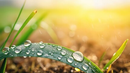 Poster - Acid rain climate change concept. Close-up of dew drops on grass blades illuminated by soft sunlight.