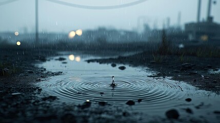 Poster - Acid rain climate change concept. Raindrops create ripples in a puddle on a gloomy, overcast day.