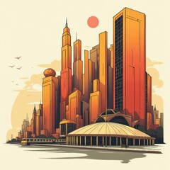 Poster - Surreal Cityscape at Dusk: A Futuristic Downtown Metropolis