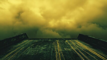 Aufkleber - Acid rain climate change concept. A dramatic view of dark clouds shading a rooftop against an atmospheric yellow hue.