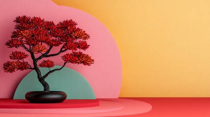 Poster - Red Bonsai Tree in Pixel Art Style on Colorful Platform