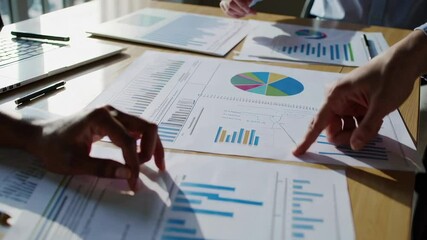 Aufkleber - Business colleagues analyze financial data, pointing at charts and graphs on a wooden table, discussing market trends, investment strategies, and company performance in slow motion