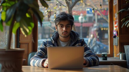 Aufkleber - A young man with a serious expression works intently on his laptop at a cafe table. Sunlight pours in, illuminating the warm atmosphere of the space.