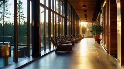 Poster - modern calm interior of a relaxing spa retreat with elegant chairs and warm natural light filtering 