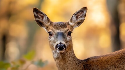 Poster - Captivating portrait of a deer in a serene forest setting surrounded by autumn colors : Generative AI