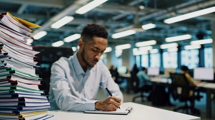 Aufkleber - Office worker experiencing intense job pressure, writing notes amid towering paperwork stack, capturing workplace stress and emotional strain in slow motion sequence
