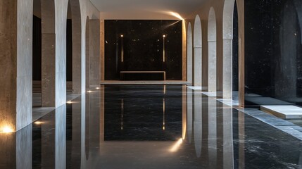 Poster - Modern interior of a stylish lobby featuring sleek marble floors and arched architectural elements : Generative AI