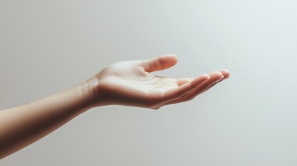 Poster - A woman's hand reaches out softly, palm up, in a serene atmosphere filled with potential. The delicate gesture radiates warmth and openness, inviting interaction and inspiration