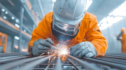 Poster - Ironworker Assembling Steel Framework, skilled tradesperson engaged in construction, welding steel structures, ensuring load-bearing integrity, contributing to robust infrastructure.