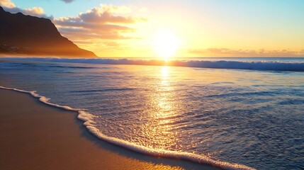 Poster - Stunning scenic sunset over the ocean with gentle waves lapping against the shore and vibrant colors in the sky : Generative AI