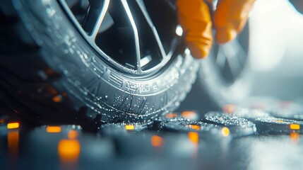 Poster - Tire Technician at Auto Repair Shop, expertly balancing wheels, repairing punctures, prioritizing road safety, maintaining equipment, ensuring customer satisfaction with precision.