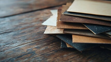 Aufkleber - Different shades of highquality leather sheets stacked on an old wooden surface providing a rustic aesthetic : Generative AI