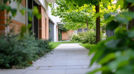 Poster - Charming Pathway Surrounded by Greenery Leading to a Beautiful Outdoor Space in a Modern Setting : Generative AI