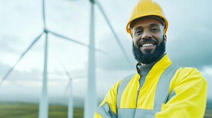 Poster - Wind Farm Technician at Renewable Energy Site, conducting blade inspections, performing electrical repairs, and enhancing operational efficiency in sustainable energy production